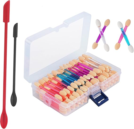 Mini Spatula and Eyeshadow Applicators - Cuttte 2pcs Silicone Small Makeup Spatulas for Cosmetics, and 120PCS Disposable Dual Sides Eye Shadow Sponge Applicators with Container