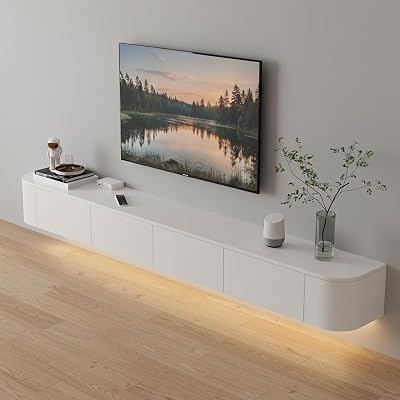 Pre-Assembled Floating TV Stand with Drawers, Rubberwood Wall Mounted TV Console, Modern Media Console for Living Room, Space-Saving Floating TV Cabinet White with Led, 78.7in200cm