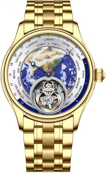 Men Real Tourbillon Movement Skeleton Earth Pattern Dial Mechanical Hand Wind Watch Enamel Sapphire Crystal Business Double-Sided Hollow Waterproof Clock Man Luminous Wristwatch
