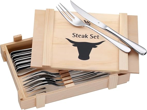 WMF steak cutlery 12 pieces steak cutlery set for 6 people steak knife steak fork polished Cromargan stainless steel grill cutlery in wooden box
