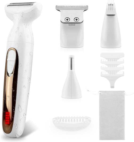 4-in-1 Bikini Trimmer for Women Men, Cordless Groin & Body Hair Trimmer | IPX7 Waterproof Electric Razor with Display, Pubic Hair Trimmer for Private Areas, Body Shaver, Rechargeable Grooming Kit