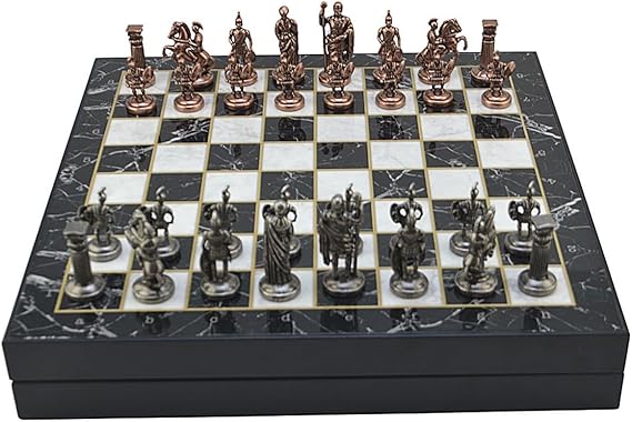 GiftHome Medium Size Metal Roman Chess Set Antique and Marble Patterned Chested MDF Board (36x36x6 cm.)