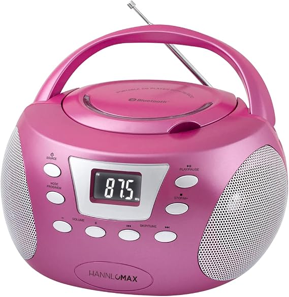 HANNLOMAX HX-332CD CD Boombox, Alarm Clock Radio, Bluetooth (Pink)
