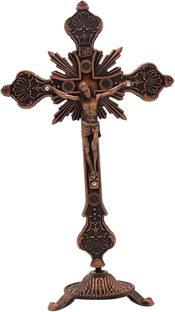 Jesus Kruzifix mit Ständer Zur Tischpräsentation 25 cm Hohes Religiöses Kreuz Antik Rot