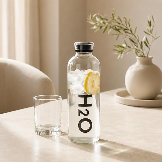 Şeffaf H2O Su Şişesi, Kapaklı Günlük Matara, Soğuk İçecek ve Detoks Suyu Şişesi, Ofis Ev Spor ve Çalışma Masası İçin Pratik Kullanım