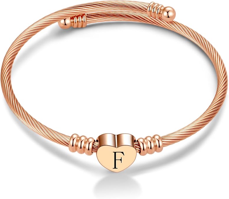 Rose Gold Women Heart Initial A-Z Letter Cuff Bracelets