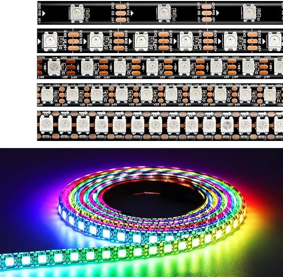 WS2812B WS2812 Digital Flexible Individually Addressable Pixel Led Strip RGB LED Strip 30/60/74/96/144Pixel/Leds/M Tape Light 5V (Black PCB Ip30, 1M 144LED/M) [Energy Class E]