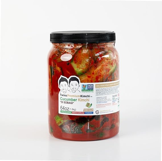 [Twins Premium Kimchi] Korean Premium Kimchi (Whole, Sliced, Vegan, Radish, Cucumber, White) | No Garlic, No Shrimp, Gluten Free, Vegan, Non-GMO, Probiotic | for Ramen, Fried Rice, Pan Cake - Cucumber,64oz