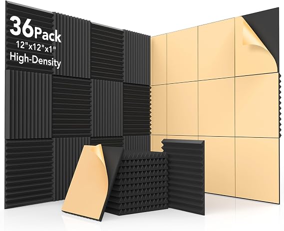 36 Pack Acoustic Foam Panels with Self-Adhesive, 12x12x1 Inches Wedge Soundproofing Panels for Walls, High Density Soundproof Foam for Studio, Home Office, Gaming Room