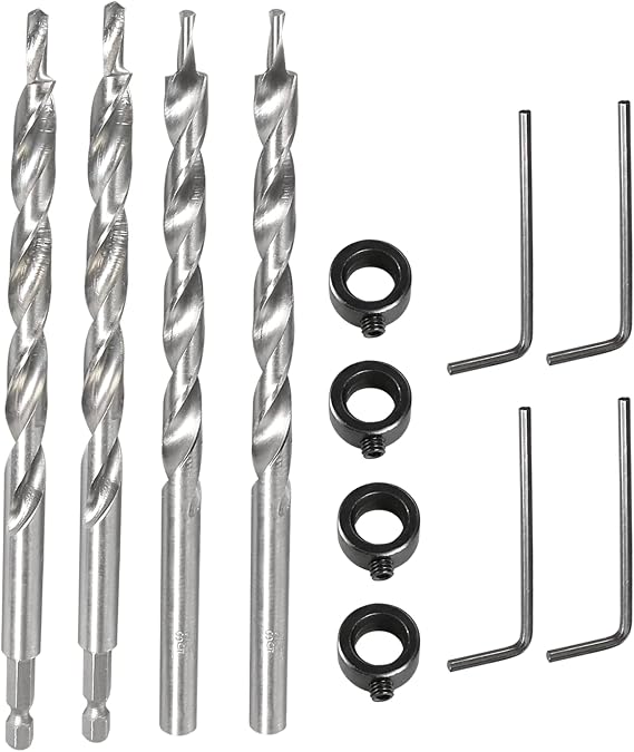 4 Pcs 3/8 Inch Pocket Hole Drill Bit, 1/4" Hex & Round Shank