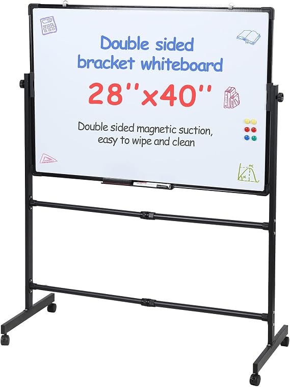 Rolling Whiteboard 28" W x 40" H, Double-Sided Magnetic Dry Erase Board with Stand, Height Adjustable 40" to 75", Portable Easel for Office, Classroom, Home (Silver)