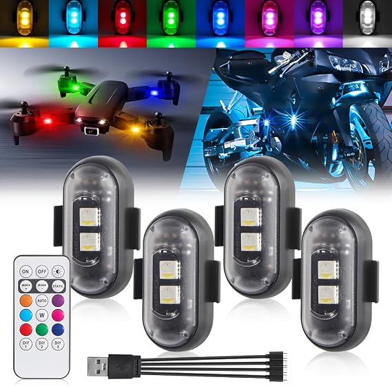 4PCS Wireless LED Strobe Lights with Remote Control, 1 in 4 USB Charging 8 Colors Waterproof for Car Interior LED Light Motorcycles Bike Drone Truck Anti-Collision
