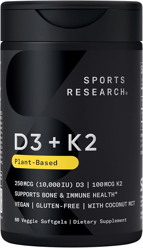 Sports Research Vegan Vitamin D3 + K2 w/Coconut Oil, 60 Count PlantgelsTM