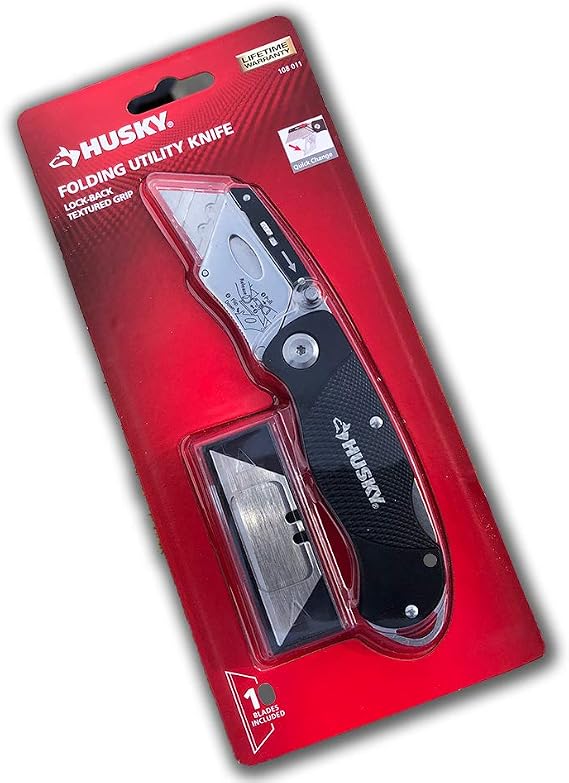HUSKY Folding Utility Knife Lock Back/TESTURED Grip Color RED