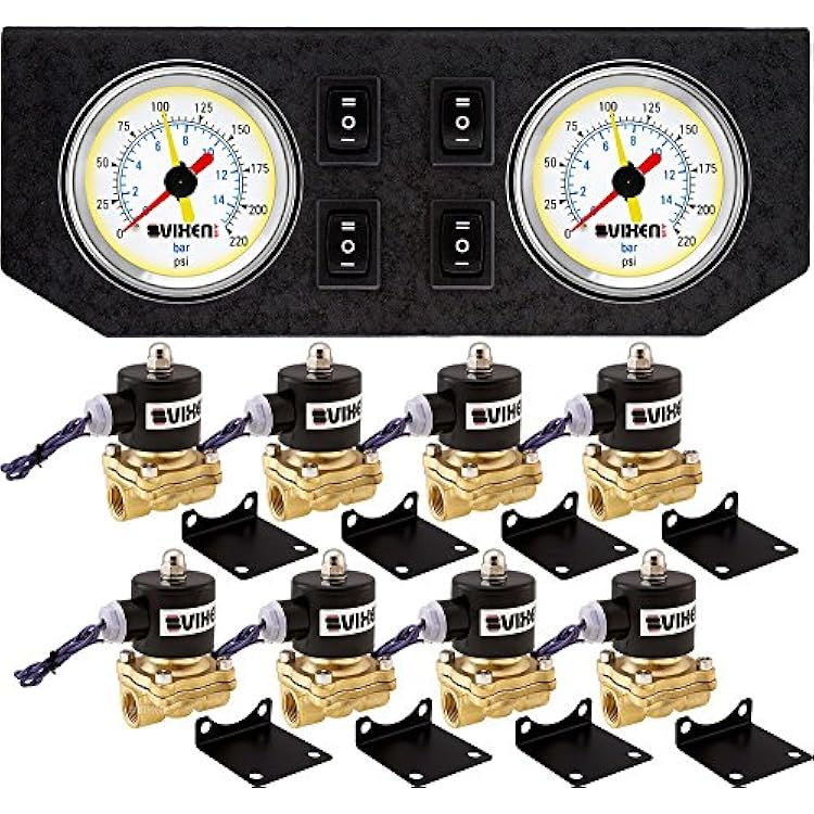 Vixen Air 12 NPT Electric Air Valve Solenoid 210PSI 12V 8-Pack with 2 Dual Needle Gauges4 Switch Dash Panel Kit Black VXF2G2012W