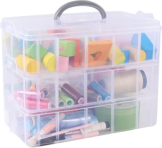 Plastic Storage Container Box with 30 Adjustable Compartments | 3 Tiers Clear Stackable Craft Organizers Bins with Dividers and Handle