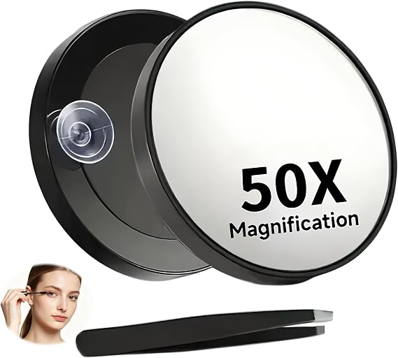 50X Magnifying Makeup Mirro, Make Up Mirror Magnifying with Suction Cup, Precision Tweezers, Travel Mirror, Small Mirror for Detailed Skincare