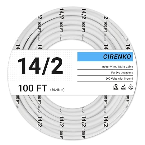 14/2 NM-B Cable 100 FT UL Listed Residential Indoor Electrical Wire with Ground, Solid Bare Copper, 600V (White Jacket)