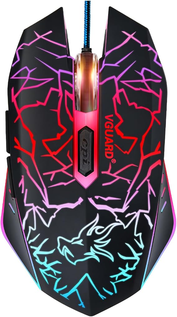 VGUARD Wired Gaming Mouse, 3600 DPI Optical Sensor, RGB Backlit Ergonomic USB PC Mice with 6 Programmable Buttons, 7 Colors LED, Professional Gamer Mouse for Laptop, Computer, Windows/Mac