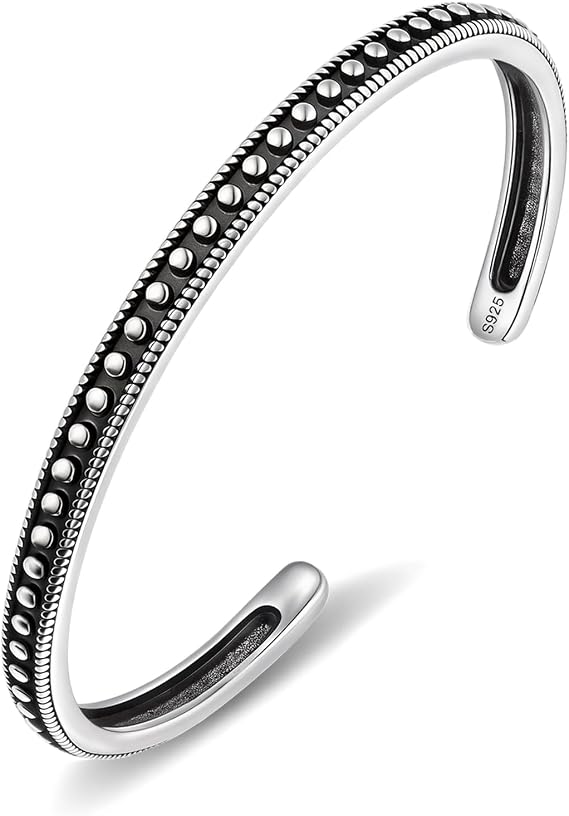 S925 Sterling Silver Open Cuff Bangle, Vintage Adjustable Black Silver Dots Bracelet, Boho Handmade Jewellery Gift for Women Men