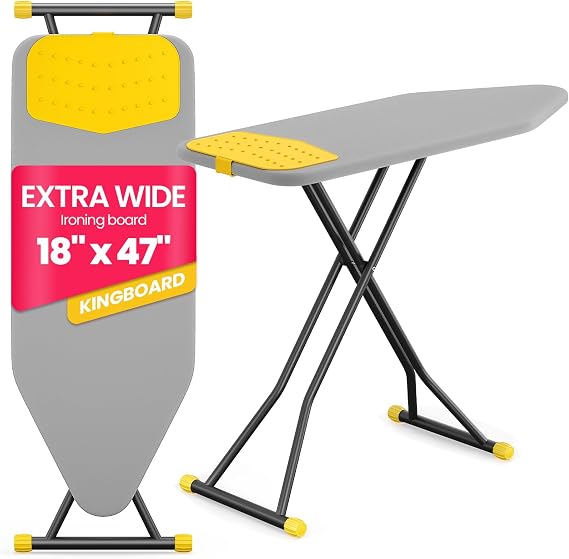 KINGBOARD 18x47 Full Size Ironing Board with Iron Mat, Heavy Duty Leg, Grey