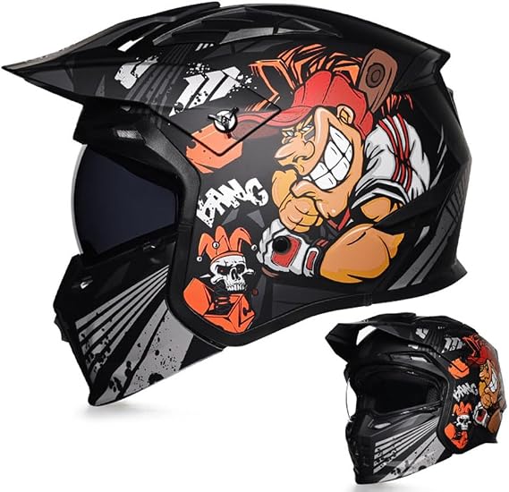 Full Face Motorcycle Helmet, DOT Approved, ABS Shell, Convertible Off-Road & Street Design with Dual Visor, Cartoon Graffiti Graphic Finish, for Men and Women