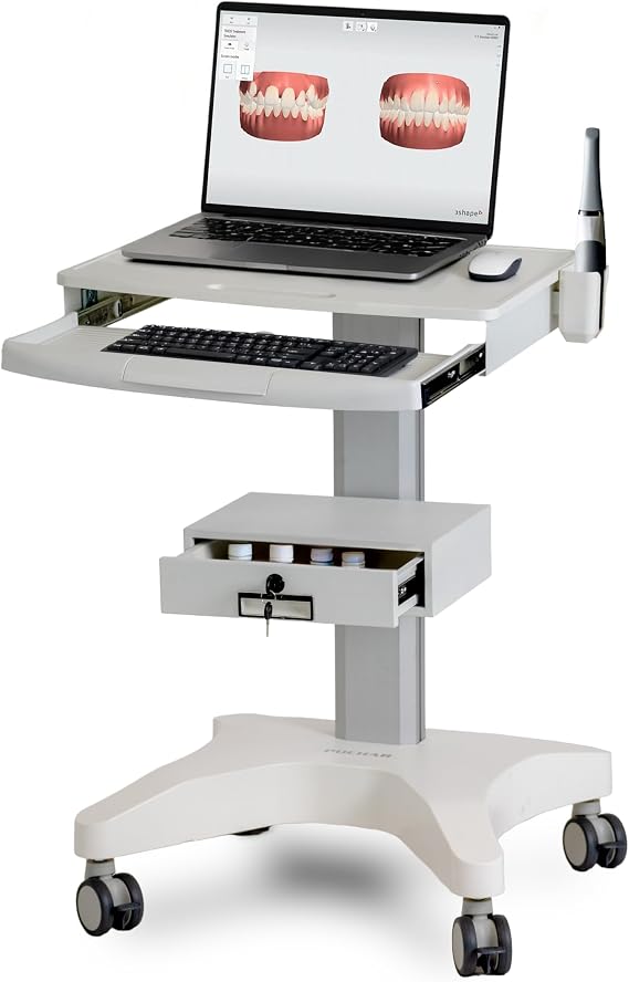 POCHAR Medical Trolley Cart with Scanner Holder and Drawer - Dental Clinic Laptop Cart with Wheels - Rolling Medical Laptop Cart for Hospitals & Clinics - Height Adjustable Dental Office Workstation
