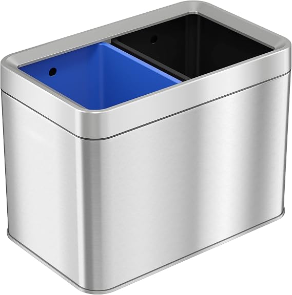 iTouchless with 2 Stickers, Compartment Slim Stainless Steel Container, 5.3 Gallon Waste Trash Can & Recycle Bin, 20 Liter/5.3Gal, Open Top, Dual