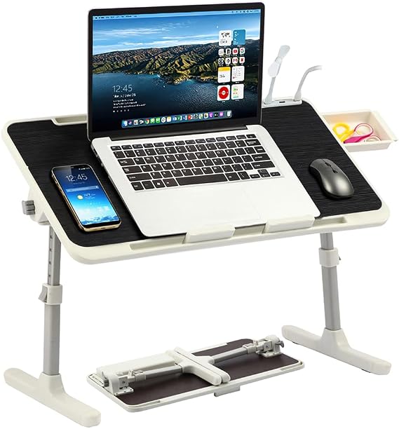 Adjustable Laptop Desk for Bed & Sofa, Height and Angle Adjustable Lap Desk with USB Cooling Fan & LED Light, Foldable Portable Laptop Table Stand for Home, Floor, Adults & Kids, Black