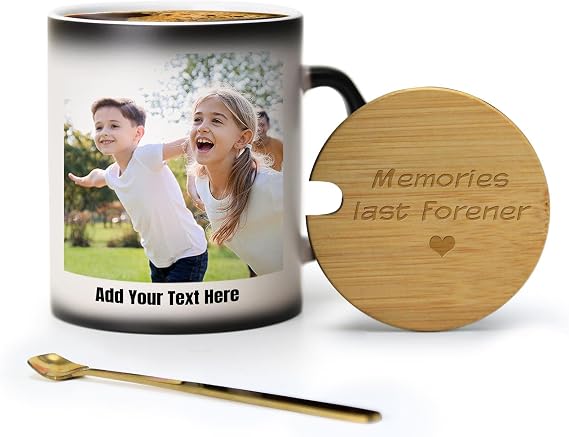 Color Changing Coffee Mug with Lid & Spoon - 10oz Personalized Custom Cup, Heat Sensitive Mug with Wood Engraved Cover & Heart Handle - Gift for Birthday, Dad, Mom, Christmas