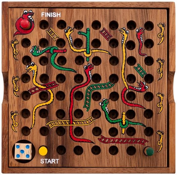 Engelhart - 350280- Snakes and ladders Game in a Wooden Box - Travel Game for Age 4 Plus - 2 to 4 Players 13.5 x 13.5 x 3.5 cm