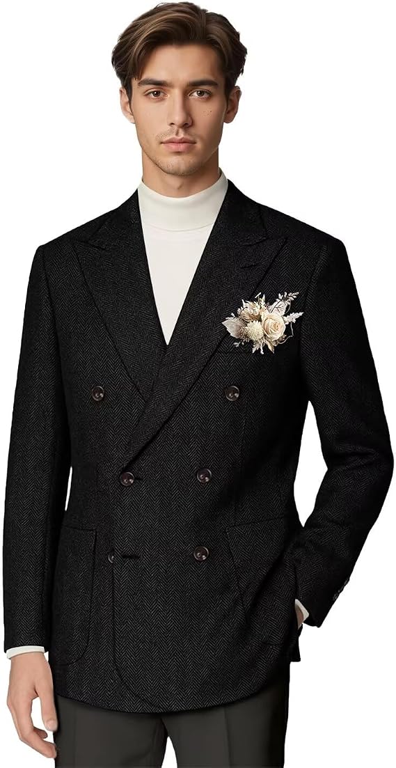 Blazer for Men Slim Fit Tweed Herringbone Sport Coat Retro Double Breasted Casual Mens Suit Jacket