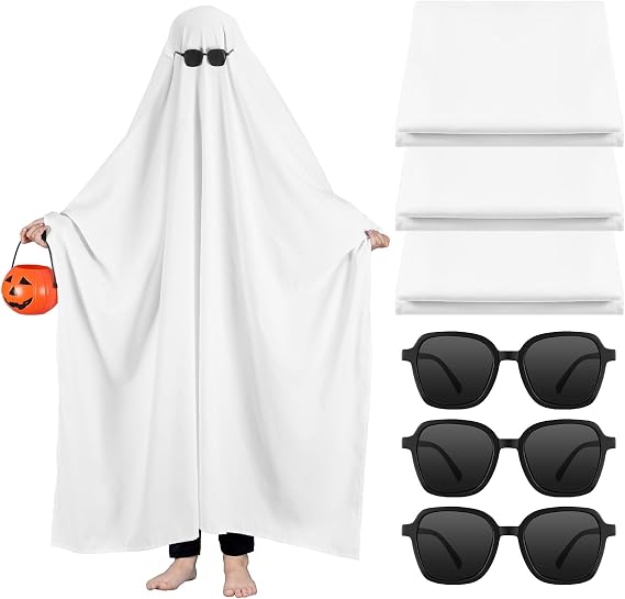 Ramede 6 Pcs White Sheet Ghost Costume Halloween Ghost Boo Costume Black Sunglasses for Adults Halloween Cosplay