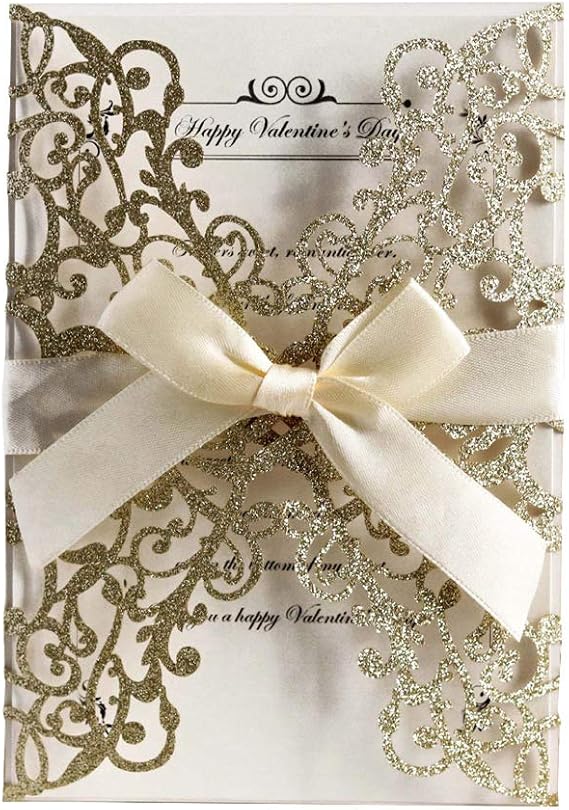 50Pcs Glitter Floral Laser Cut Wedding Invitation Cards Blank with Envelope
