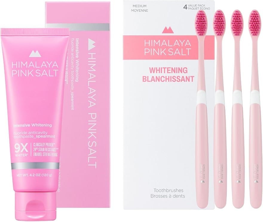 HIMALAYA PINKSALT Intensive Whitening Toothpaste 4.2oz + HIMALAYA PINKSALT Natural Toothbrush 4Counts, Teeth Whitening Toothpaste, Medium Toothbrushes