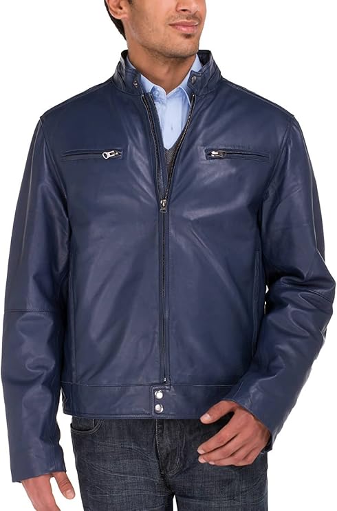 GN Luciano Men's Trim Fit Lambskin Leather Moto Jacket Vintage Washed