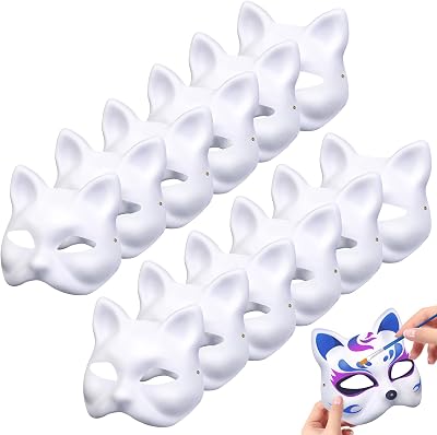 12 PCS Cat Masks White Paper Therian Cat Mask Hand Painted for Kids Adults Womens Costume Party Halloween Decoration Masquerade Cosplay DIY Craft