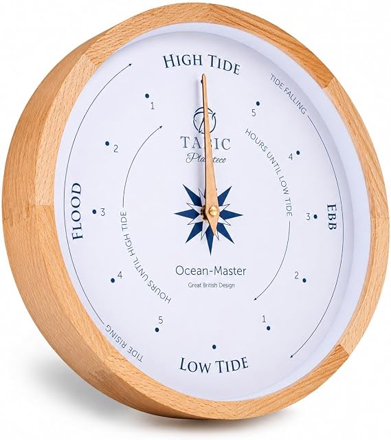 Planeteco Ocean Master Tide Clock - Stylish Home Decor Accessory with High-Low Tide Display - Elegant Wall Clock Design - Ideal for Planning Beach and Ocean Activities - Natural Stain