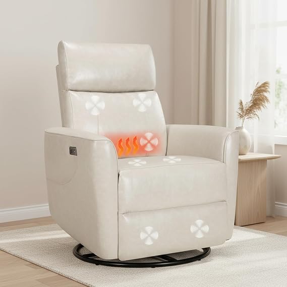 Himimi Power Recliner Chair, Oversized Swivel Rocker Recliner with Massage and Heat, Electric Glider Rocking Chair for Adults, USB Charging, Side Pocket, Nursery, Living Room, Ivory