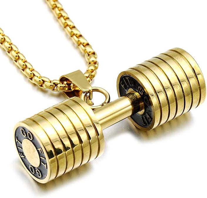 Dumbbell Necklace For Men Women Charm Stainless Steel Weight Lifting Necklace Chain Non Tarnish Waterproof Hypoallergenic Jewelry For Father Bro Him Fitness Enthusiast Coach Athletes (Gold)