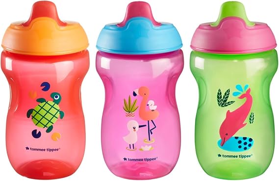 Tommee Tippee Toddler Sippee Cup, Spout, 9m+, Non-Spill, 10oz | Pack of 3, Bite-Resistant Spout, Easy to Hold, Leak-Proof, Red, Purple & Green, BPA Free