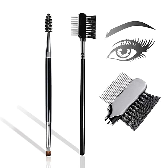 Pro Eyebrow Brush and Comb, Metal Eyelash Brush and Eyelash Comb Separator, Steel Brow Brush and Eyebrow Comb Set, Spoolie Brush and Angled Brow Brush, Precision Application, Defining and Shape (2 PCS)