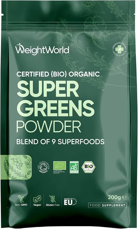 Organic Super Greens Powder - Soil Association Certified - Vegan-Friendly | Only Nutrient-Rich Superfoods Like Maca, Guarana & Chlorella - Soy-Free & Gluten-Free Greens and Superfood Powder Supplement