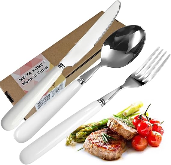 3-Piece Dinner Fork Spoon Knife Set, White Ceramic Handle SS Mirror Polish