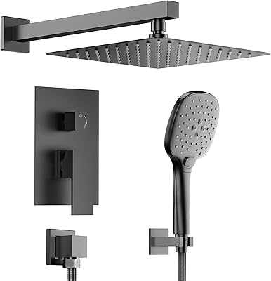 10 High-Pressure Rainfall Shower System with Handheld Spray, Wall Mount Bathroom Shower Faucet Set with Valve Matte Black