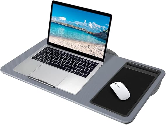 Portable Lap Desk Pillow Cushion Laptop Tray - Lightweight Anti Slip Air Flow Design - Built in Mouse Pad, Phone Slot, Wrist Rest - Fits upto 17 Inch Laptop (Grey)