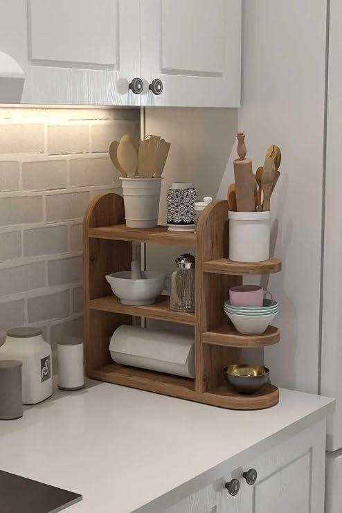 Reyo Wooden Kitchen Organizer Shelf, 3 Tiers, Spice Bowl and Paper Towel Holder, Pine
