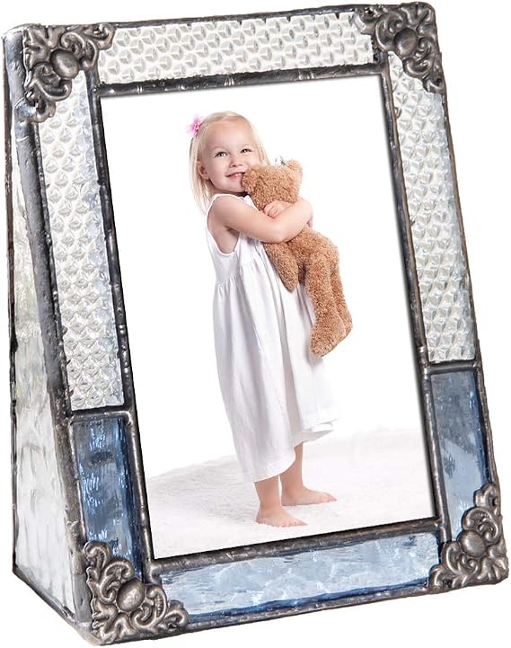 J Devlin 2.5x3.5 Blue Stained Glass Picture Frame Vertical Photo | Blue stained glass frame for 2.5x3.5 photos. Handcrafted art with vintage metal accents baby family photo