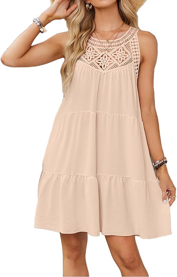 jinghuiyue Summer Halter Dress for Women Sleeveless Hollow Out A-Line Mini Dress Casual Tiered Swing Beach Sundress