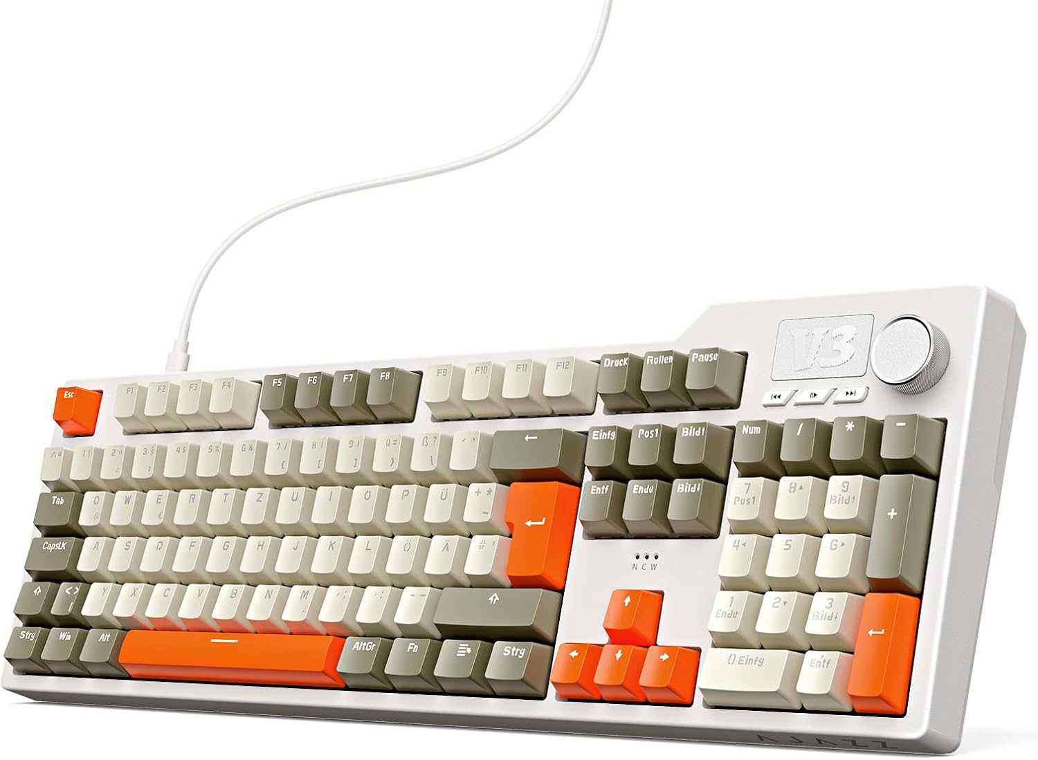 nacodex AJAZZ AK35I V3 Kabelgebundene Mechanische Tastatur 104 Tasten Gaming Tastatur Ausgestattet Mit Multimedia-Tasten Und Drehknopf Mit Deutschem QWERTZ-Tastaturlayout Grau Beige Orange